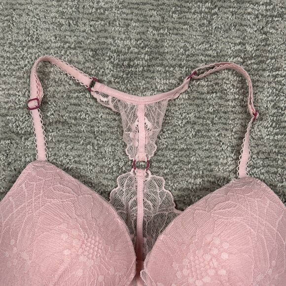 Victoria's Secret Push Up Bra Womens 36B Racer Back Front Clasp Pink Lacy Sexy - Picture 3 of 8